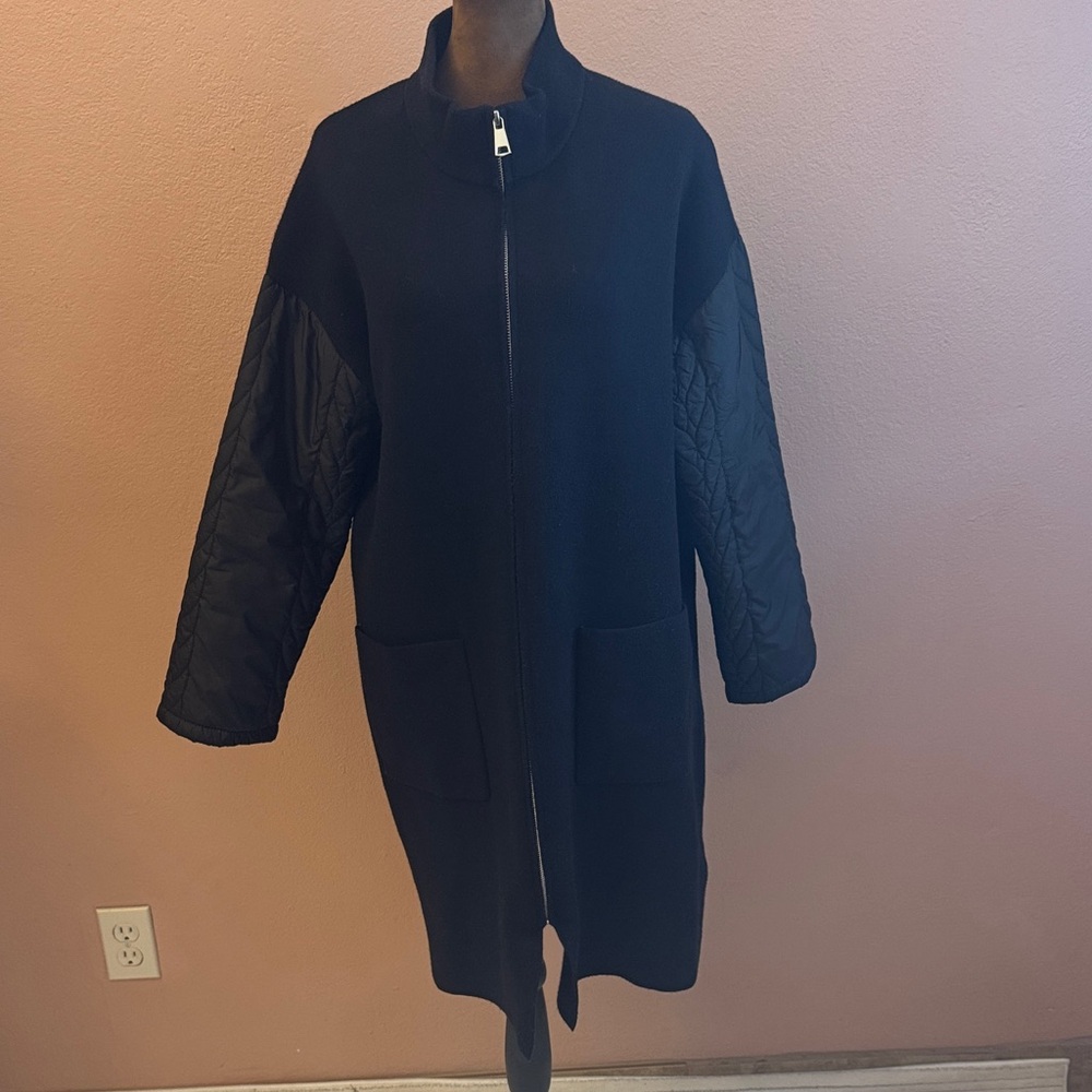 Chic Black Trench Coat with Quilted Sleeves